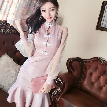 

Vintage Velvet Dress Spring Autumn Women Hollow Out Night Club Dress Daily Lantern Sleeves Sexy Cheongsam Slim Mermaid Dresses