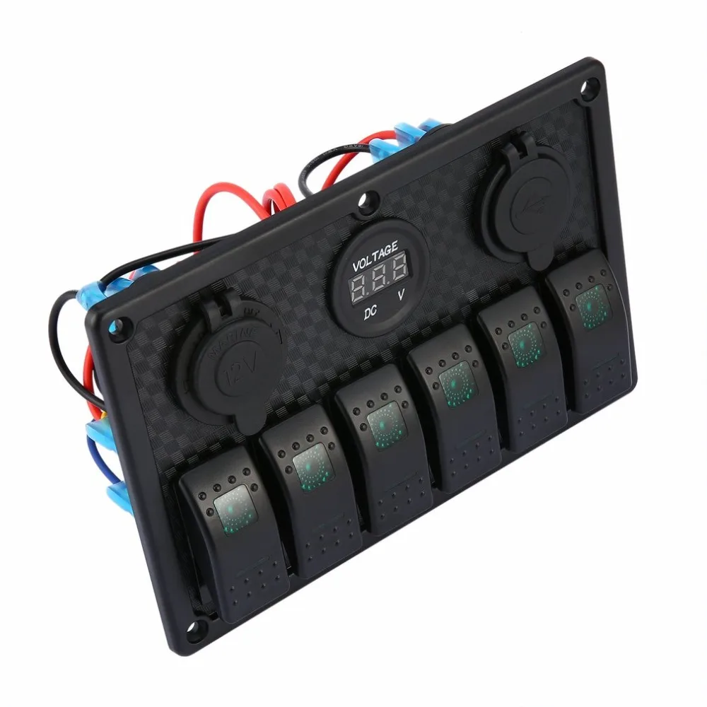 

5PIN Dual Lamp 6 Gang Rocker Switch Control Panel Cigarette Lighter Socket LED Light Circuit Breakers for Car Boat