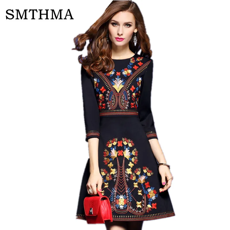 

SMTHMA HIGH QUALITY Newest Fashion 2019 Runway Designer Dress Women's Luxury Embroidery Colorful Dress