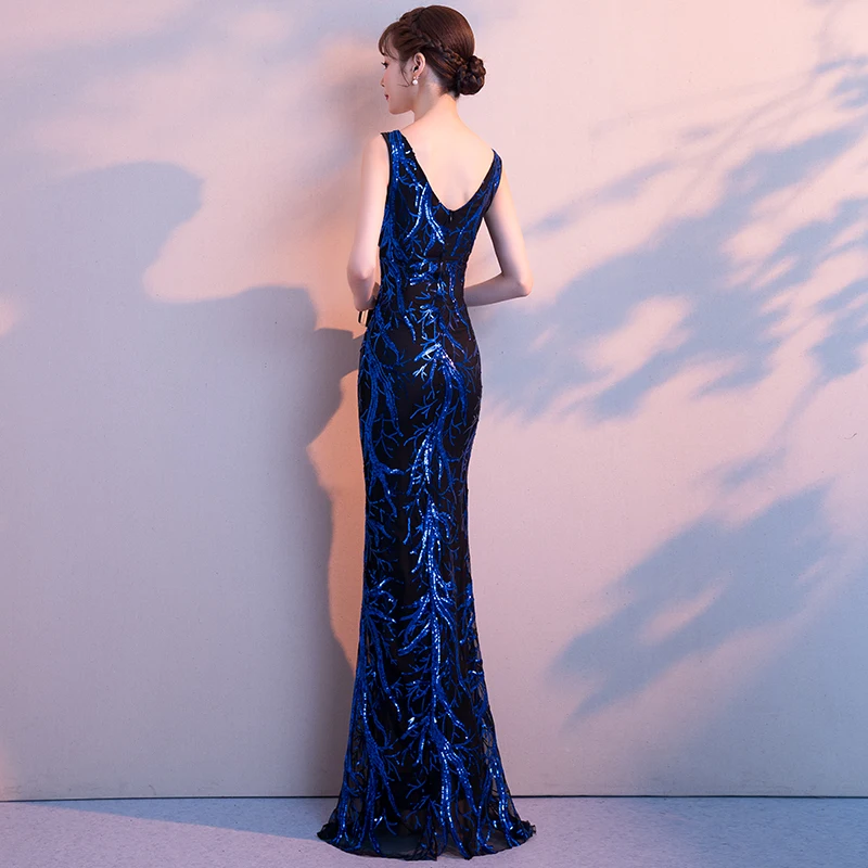 Weiyin новое длинное вечернее платье с двойным v-образным вырезом, сексуальное роскошное синее вечернее платье с открытой спиной и блестками, платья для выпускного вечера