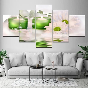 

Canvas Painting White flowers green water 5 Pieces Wall Art Painting Modular Wallpapers Poster Print for living room Home Decor