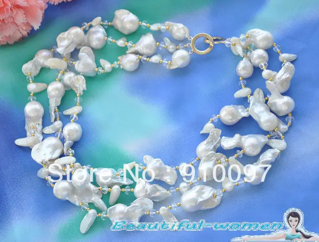 

>>>3row 30mm WHITE KESHI BAROQUE REBORN PEARL crystal NECKLACE