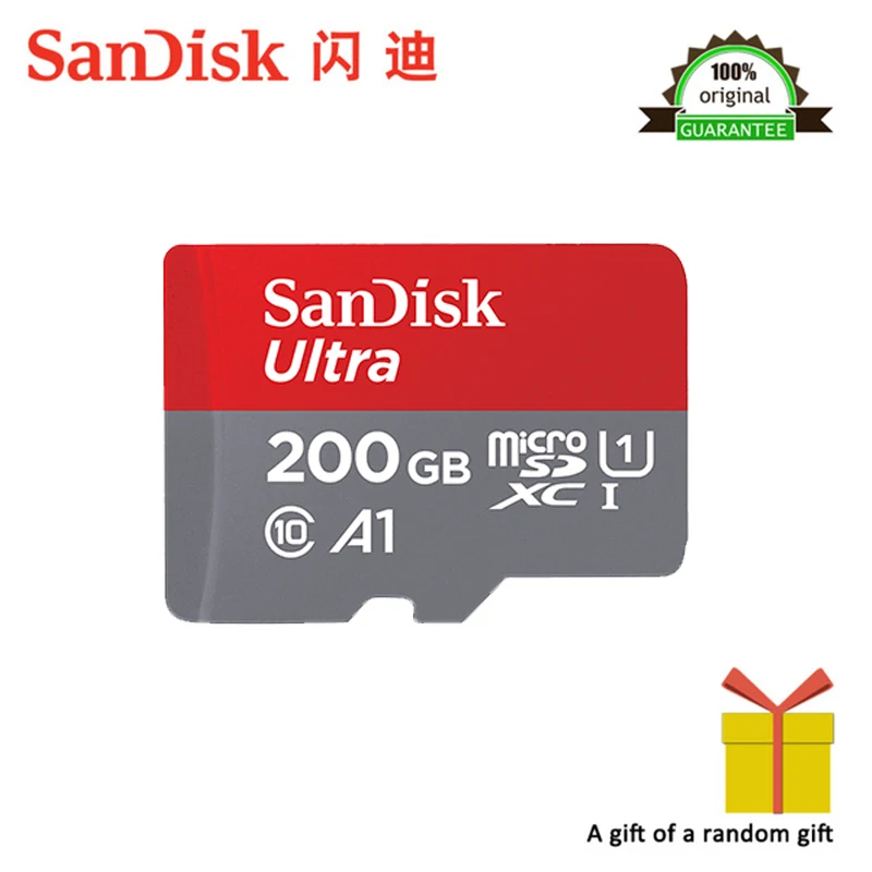 Карта памяти SanDisk A1, 200 ГБ, Micro TF/SD карта, класс 10, UHS-1, 200 ГБ, с адаптером SD,, оригинальная поддержка, официальная проверка - Емкость: 200 ГБ