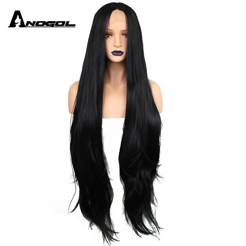 

Anogol Long Natural Wave Middle Part High Temperature Fiber Glueless Brazilian Vigirn Hair Synthetic Lace Front Wigs For Women
