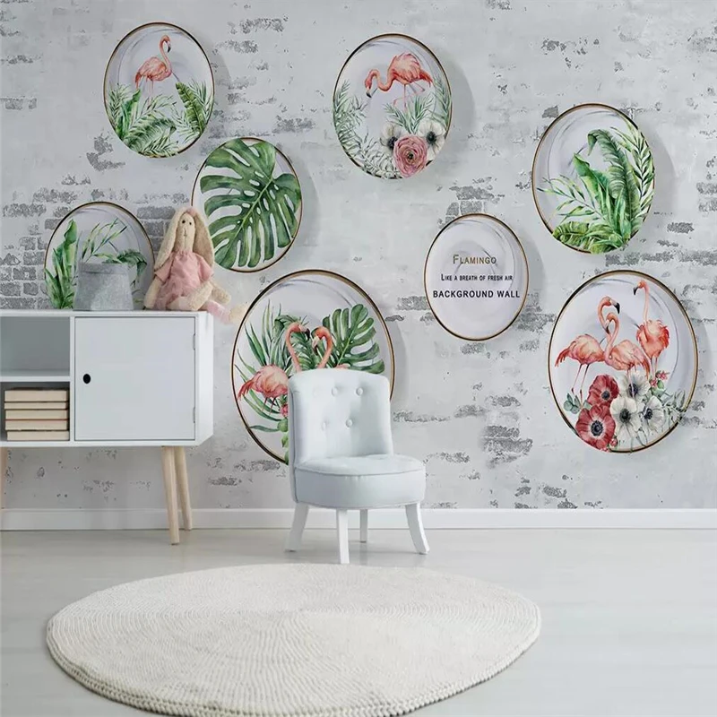 

Decorative wallpaper simple small fresh style leaves flamingo rural brick background wall painting