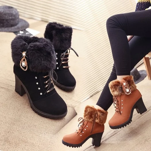 

2018Hot Women Boots Ankle Boots For Women High Heel Boots Winter Female Shoes Hoof Heel Warm Size 35-41 Botas Mujer