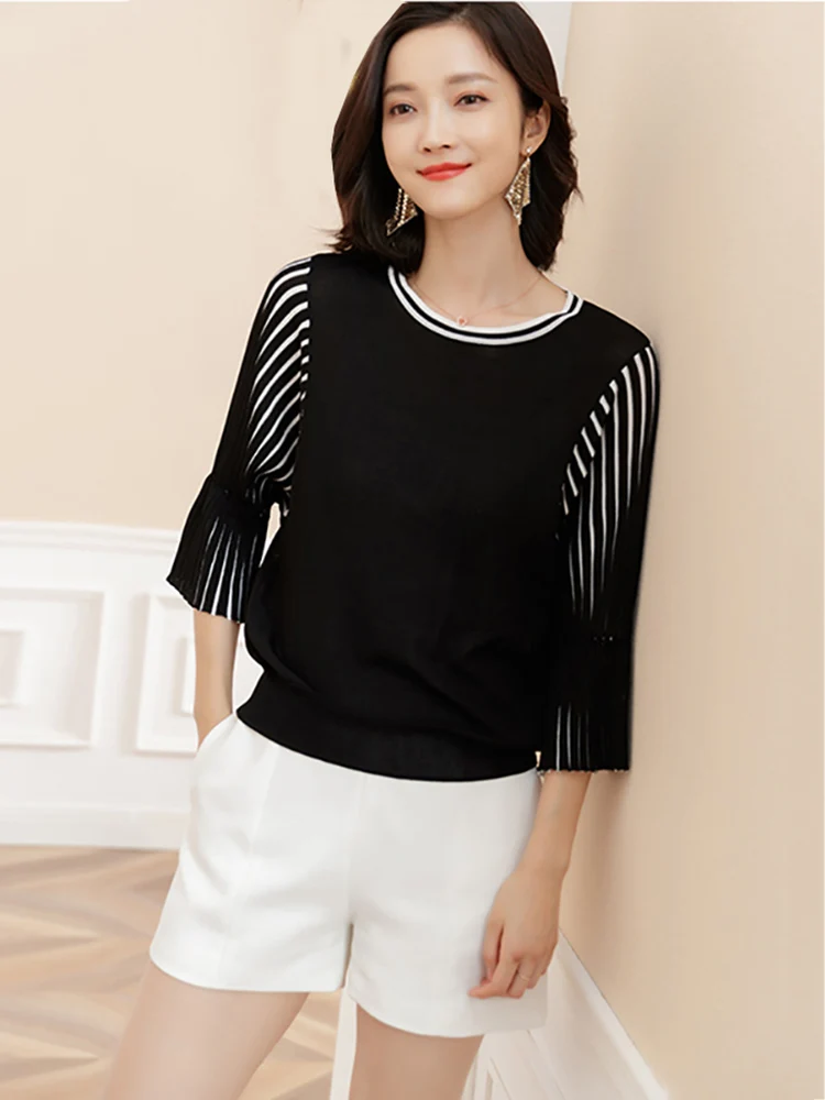 Весна трикотажный топ женщин свободный случайный корейский пуловер тонкий свитер черные полосы летняя мода в