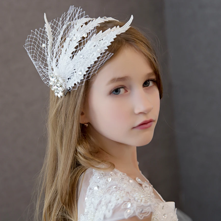 Children Hat Wedding Baptism Communion Bridal/Flower Girls Short Head Veil Hat White Floral