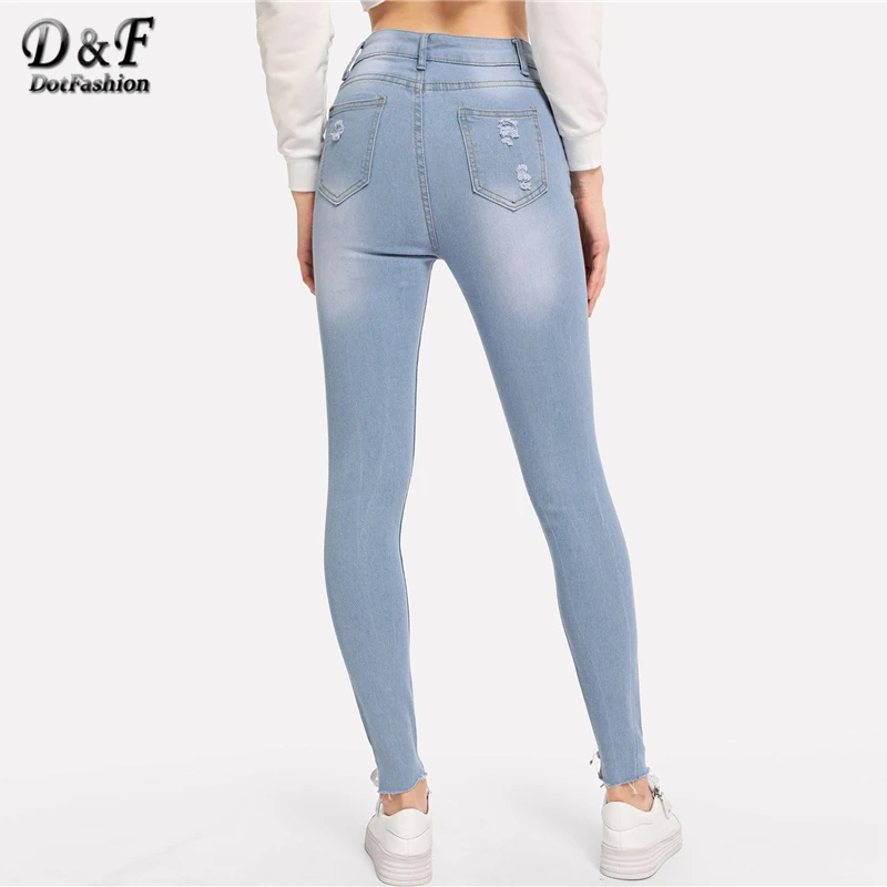 Dotfashion синие наколенники необработанный край женские узкие джинсы Весна повседневные корейские уличные джинсы брюки женские джинсовые брюки