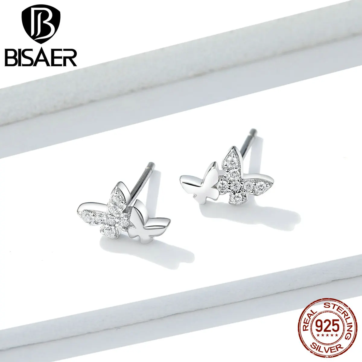 Серьги-бабочки BISAER, 925 пробы, серебряные, светящиеся, циркон, Бабочка, изысканные серьги-гвоздики для женщин, модное ювелирное изделие EFE236