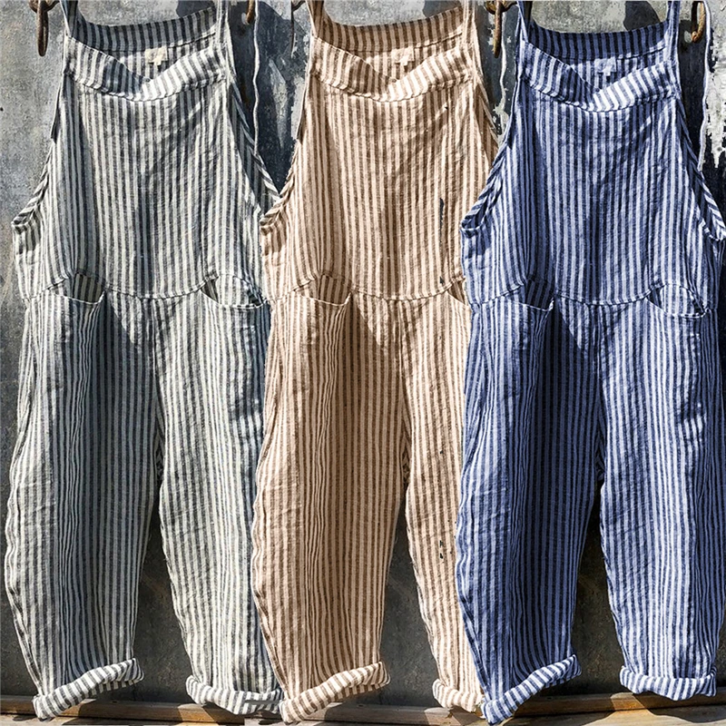 

Fashion Women‘s Casual Loose Linen Pants Cotton Striped Print Jumpsuit Strap Harem Trousers Overalls