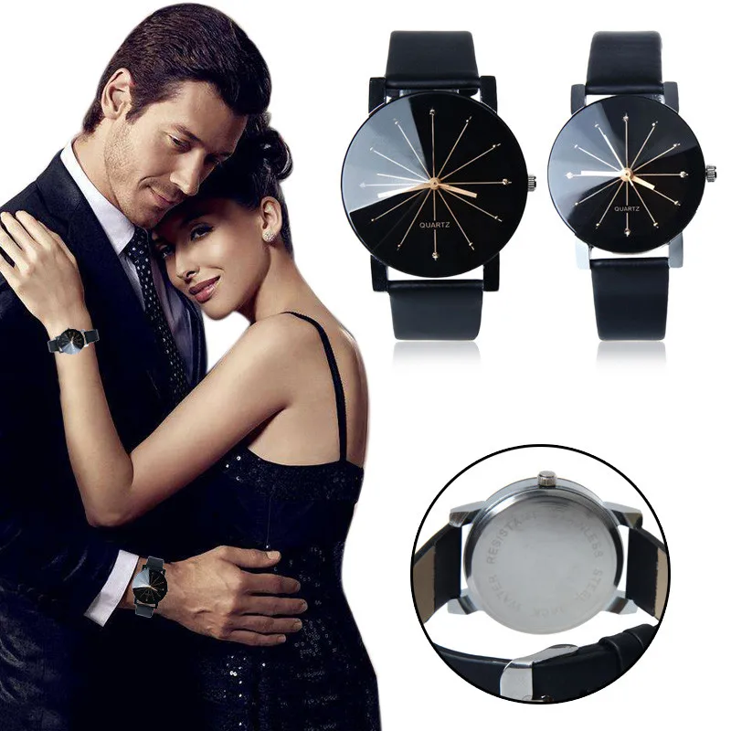 

1Pair Men and Women Quartz Dial Clock Leather Wrist Watch Round Case Couple Watch Men Women Quartz Wrist Watch Clock Gift