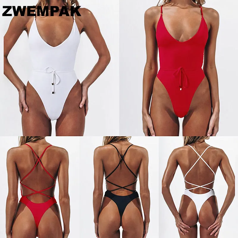 

Brazilian Thong Swimsuit One Piece Bandage Cross Backless Bathing Suit High Leg Cut Swimwear Solid Monokini Badpak Swimsuits