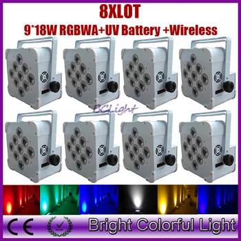 

8XLot HOT SALE High Brightness 9 * 18W 6in1 RGBAW UV Battery Powered Wireless LED Par Light Wireless DMX 512 led wash up light