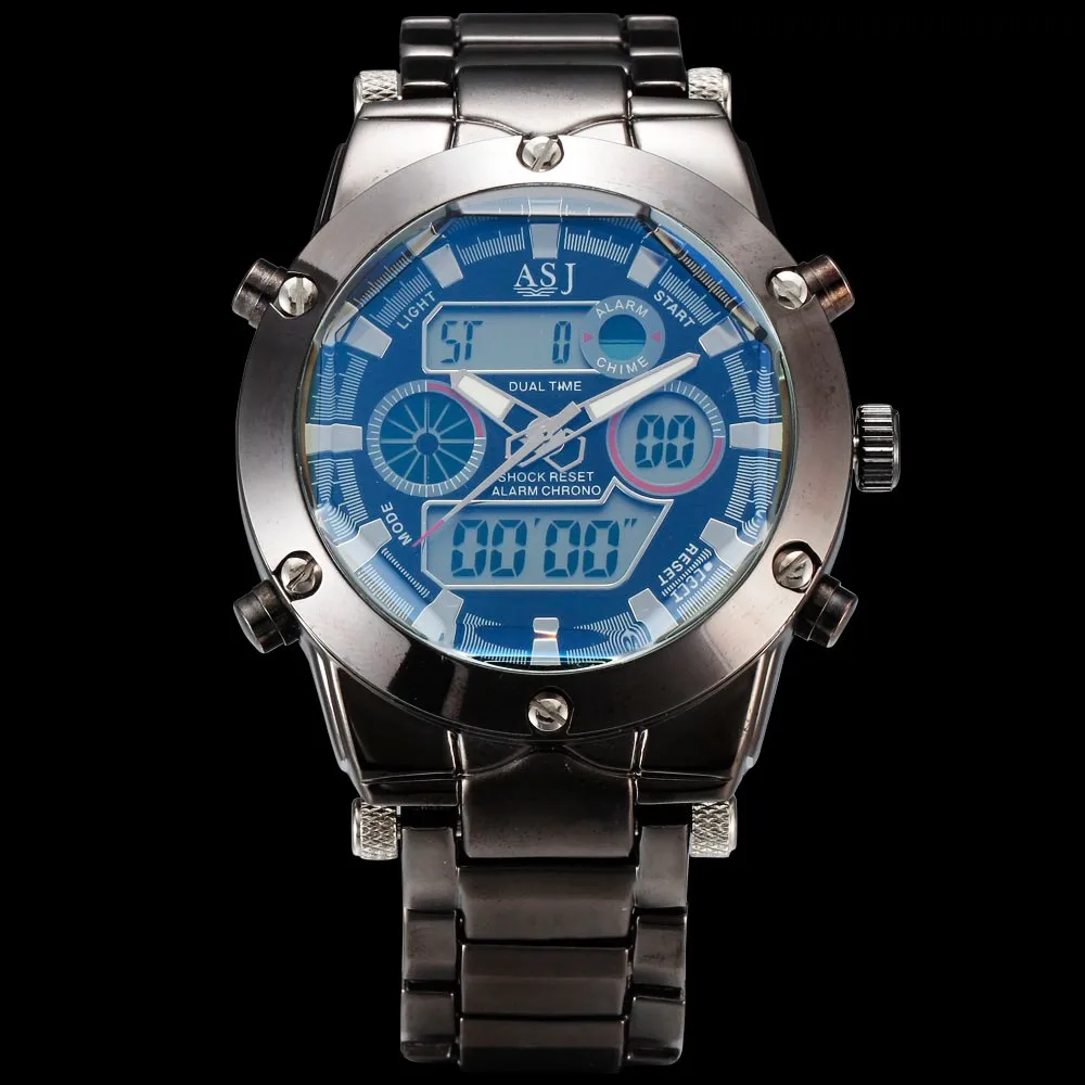 Новинка Топ спортивные водонепроницаемые стальные часы asj мужские армейские часы с двойным перемещением t кварцевые цифровые наручные часы мужские армейские часы