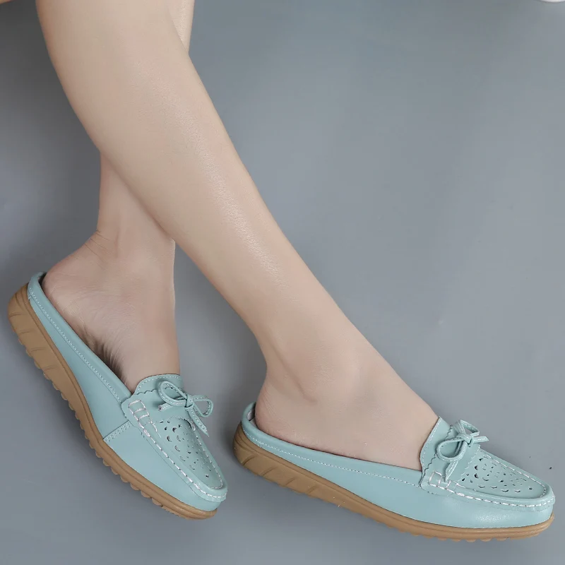 Summer Genuine Leather Women Flats Hollow Slip On Leather Loafers Ladies Shoes Korean Style Soft Moccasins Half Slippers Size 43