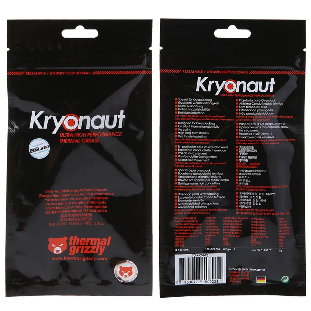 1 g, -200/–350 /°C Thermal Grizzly Kryonaut P/âte thermique 12,5 W//m/·K 1 g