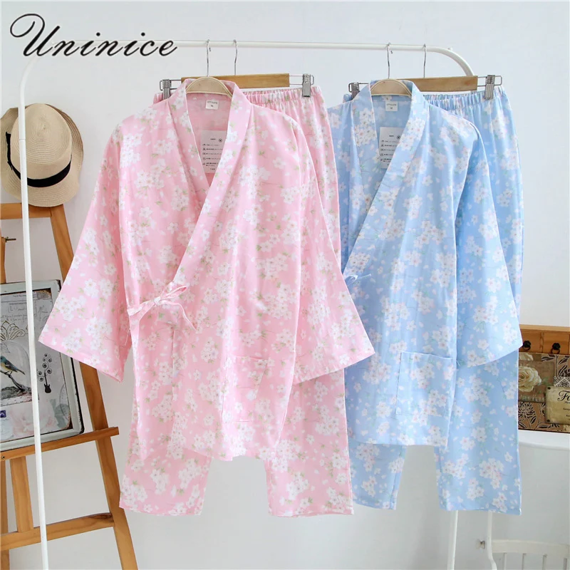 Japanese Kimono Pajamas Sets Women's Yukata Robes Long Pants Sleepwear
