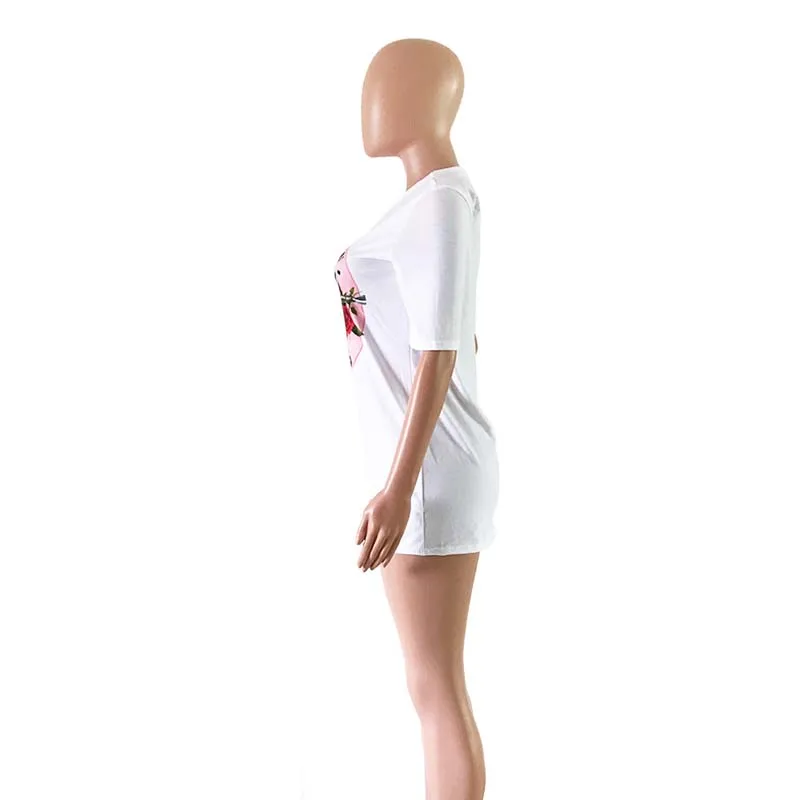 2019 летняя белая футболка женская с коротким рукавом с принтом розы и круглым вырезом пуловер повседневные топы уличная одежда Рок Панк