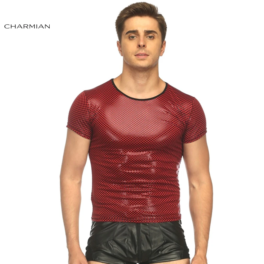 charmian-men-s-y-black-short-sleeve-tight-t-shirt-top-red-plaid-tees