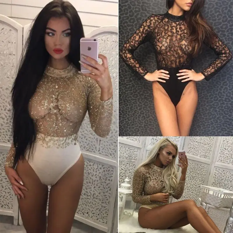 Sexy Gold Glitter Lace Bodysuit Women Summer Skinny O Neck Long Sleeve Bodycon Jumpsuits Romper Top Feminino Overalls Embroidery