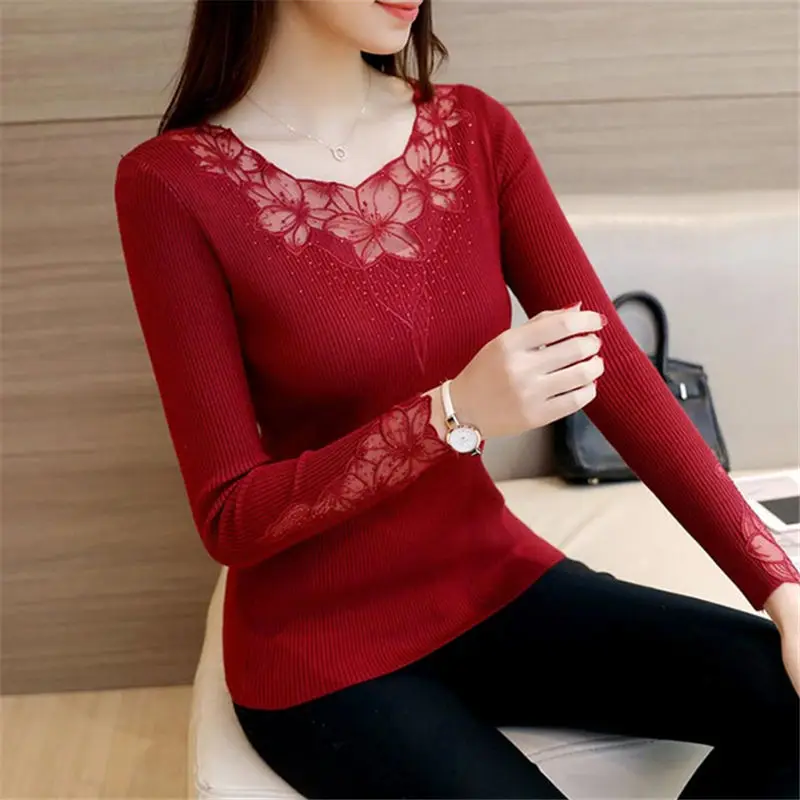 Cheap New Autumn Winter Sweaters Women Hot Sale Embroidery Lace Hollow Long Sleeve Pullovers Slim Knitted Sweater Female Tops Femme