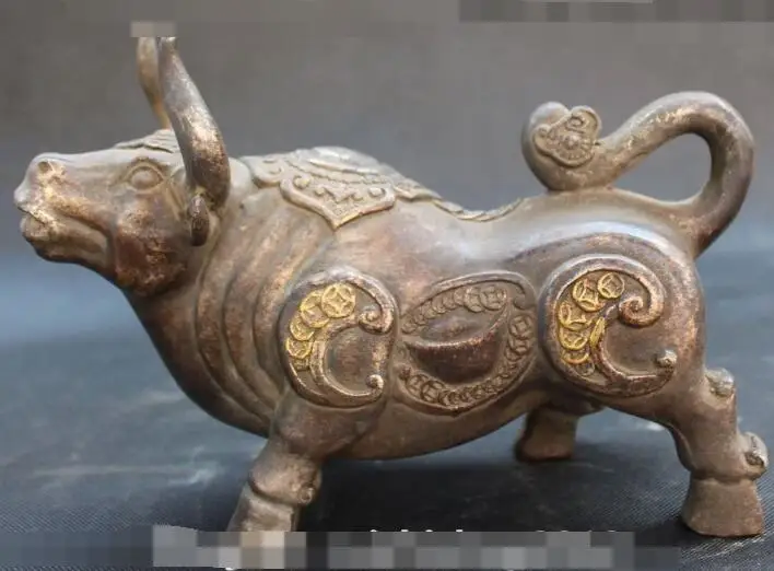 

S01439 10"Chinese Feng Shui Folk Old Bronze Silver 12 Zodiac Year Bull Oxen Coin Statue (B0413)