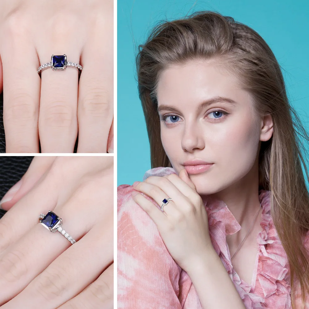 JewelryPalace Square 0.9ct Created Blue Sapphire Solitaire Ring 925 Sterling Silver Engagement Jewelry for Women Fashion Jewelry
