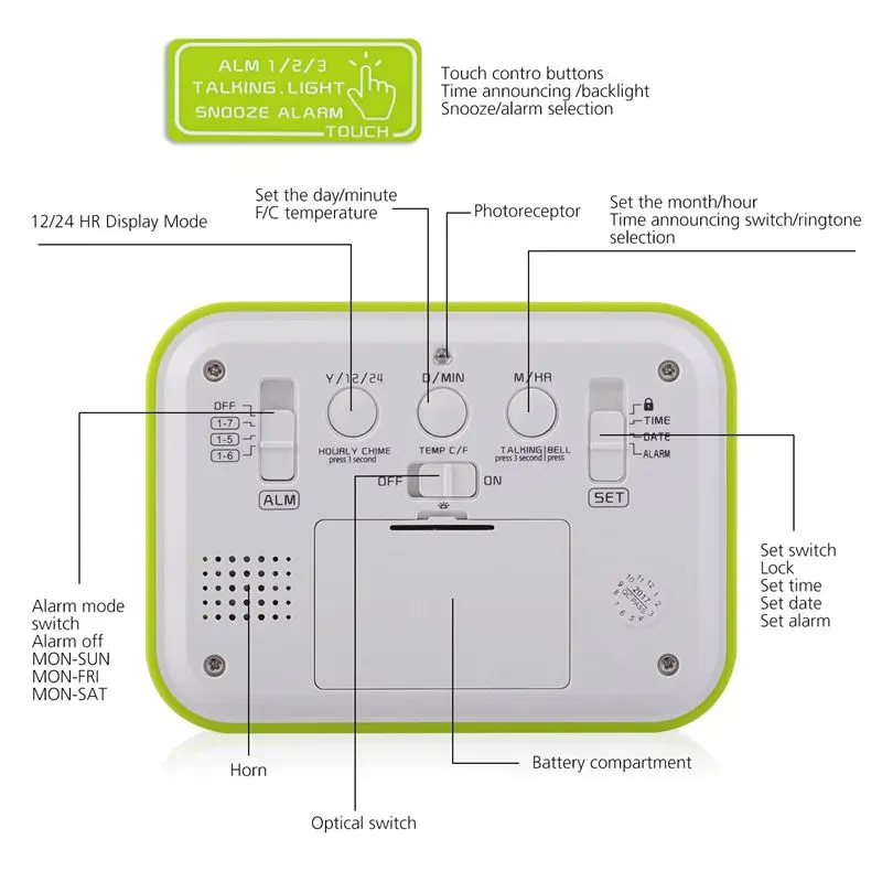 Цифровой будильник, говорящие часы, 3 будильника, Интеллектуальный дополнительный будний будильник, фосфоресцирующий и повтор, функция, дата месяца и т