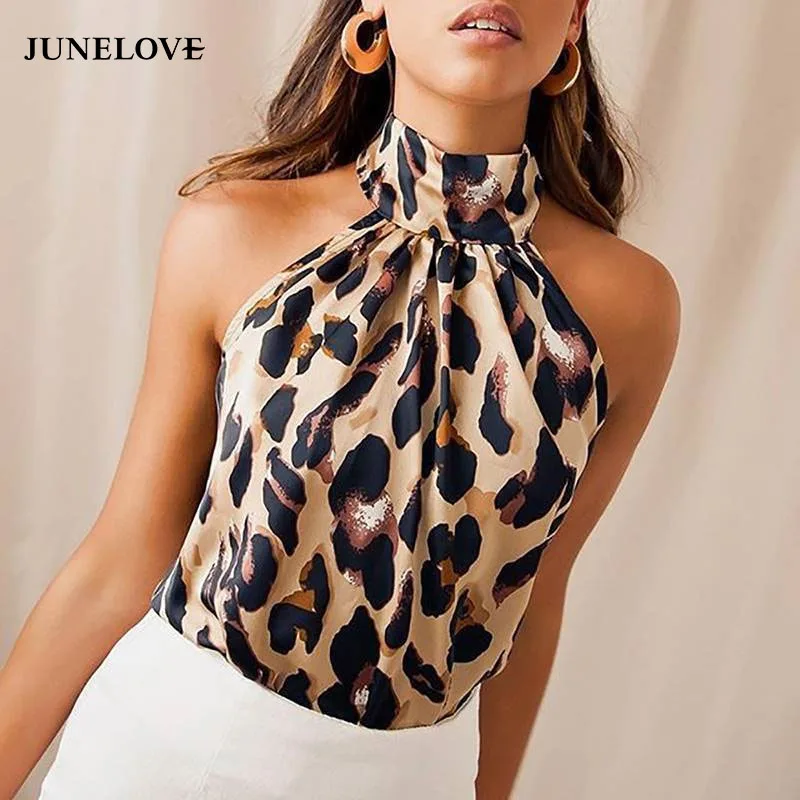 

Women Blouses Sexy Leopard Print Ladies Shirts And Tops Halter Blouse Sexy Sleeveless Tops Womens Clothing Summer Female Blouses