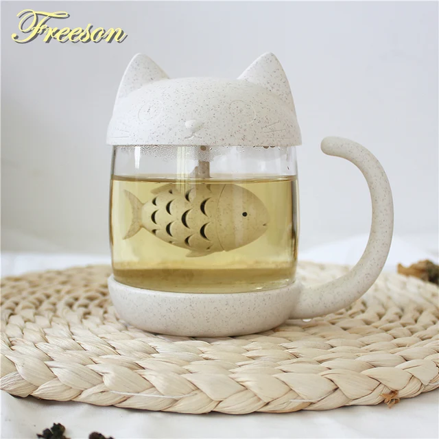 Creative Japanese Style Transparent Glass Tea Mug with Infuser Cute Cat
