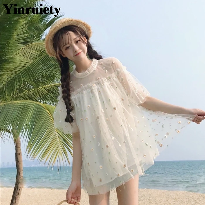 

Summer Women's New Cute Kawaii Shirt Japanese Sweet Loose Mesh Flower Embroidery Daisy Lolita Style Shirt