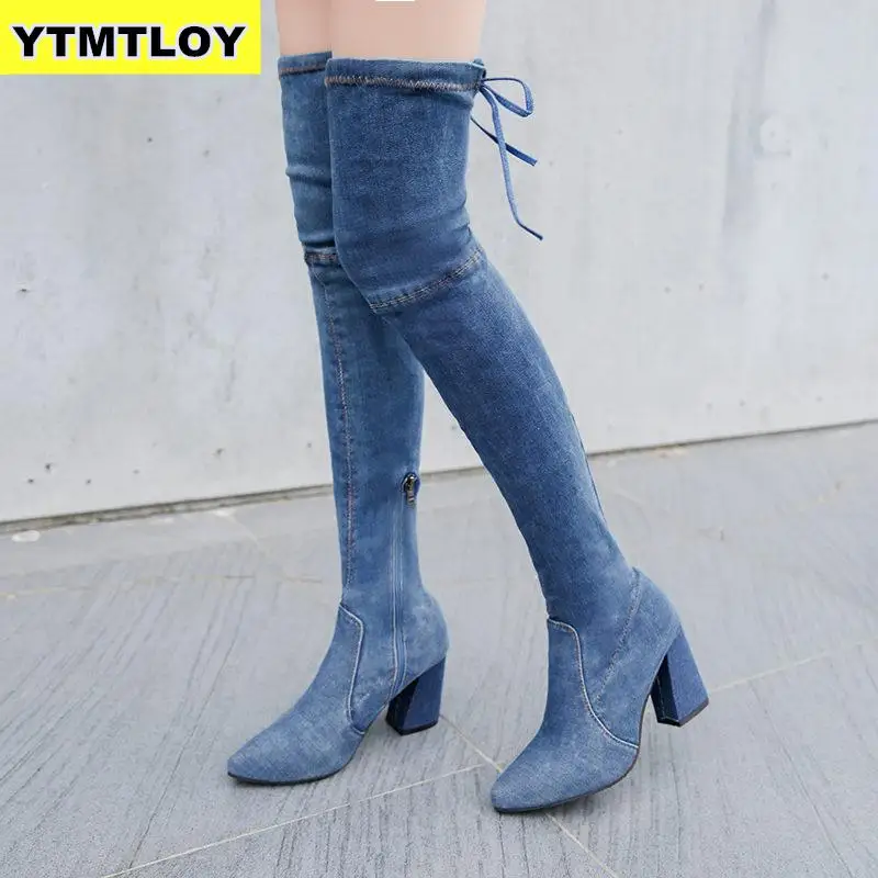 Cena Moda kobiety buty wiosna zima na kolana obcasy jakości zamszowe długie komfort kwadratowych Botines Mujer zakolanówki Denim
