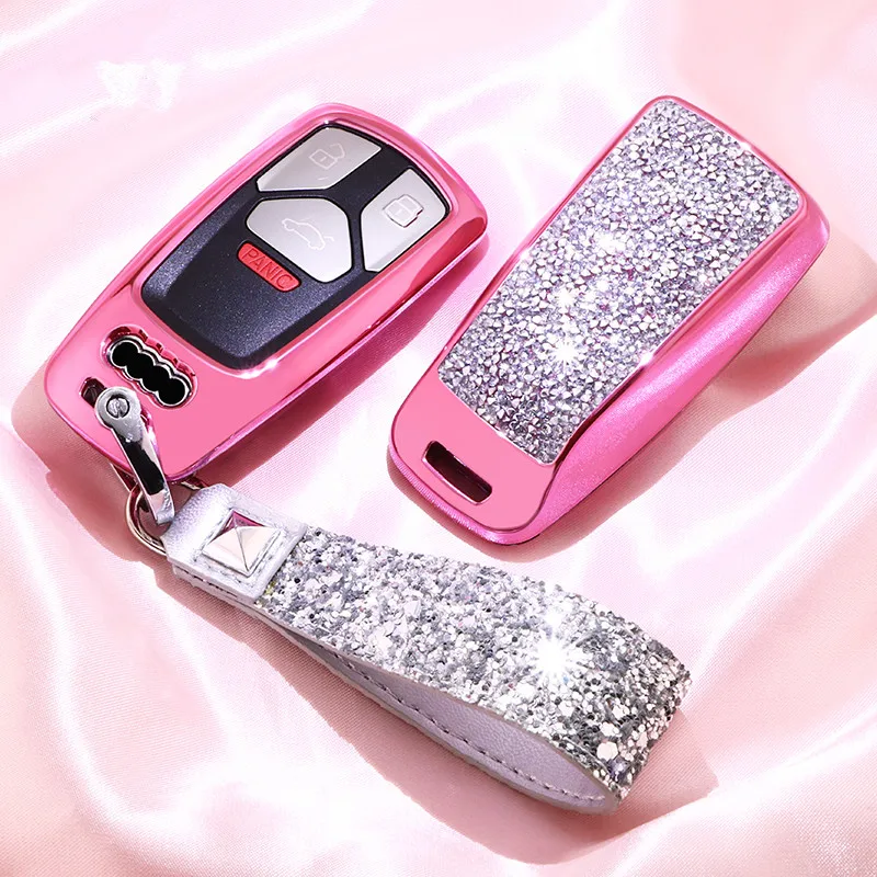 

Fashion Luxury Diamond Crystal Shining Car Key Case Cover For AUDI A4 B9 Q5 Q7 TT TTS 8S 2016 2017 Auto Key Shell Keychains