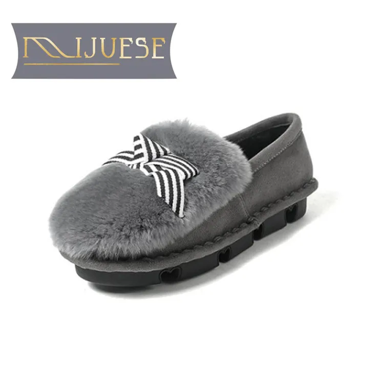 

MLJUESE 2018 women flats rabbit hair gray color kid suede fur round toe spring comfortable women flats women shoes