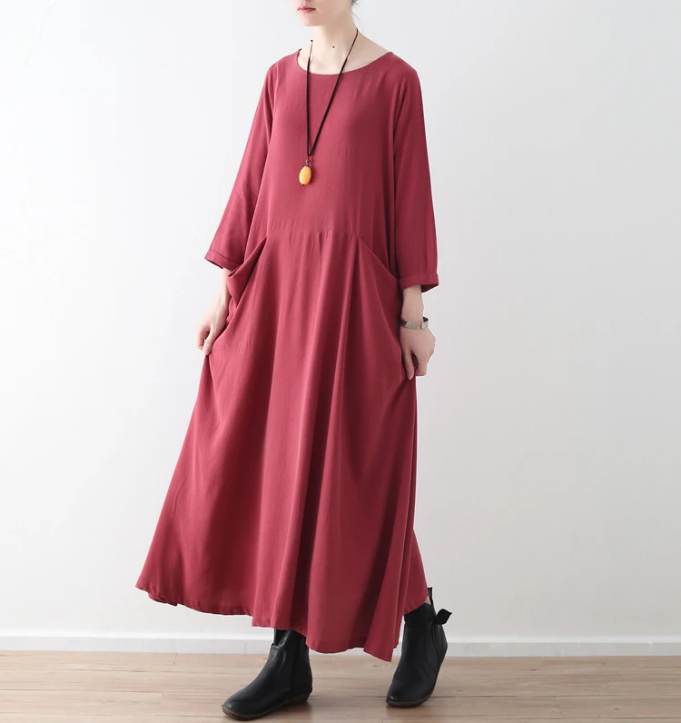 Plus Size Women Solid Black Red Dress Pockets Autumn New Casual Cotton Linen Loose O-Neck Vintage Long Sleeve Maxi Dress