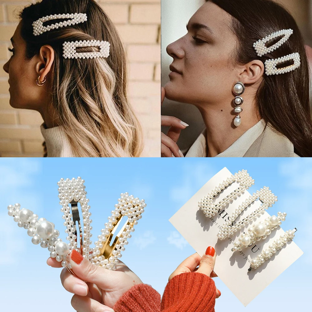 

Women Stylish Metal Full Pearl Hair Clip Fashion Elegant Pearl Zircon Barrette Stick Hairpin Bobby Hair Styling Accessories Gift