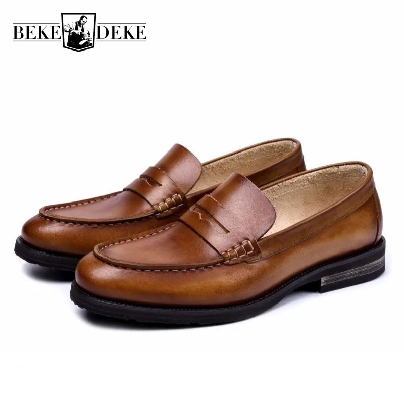 Top Quality Business Man Genuine Leather Casual Shoes New Retro Comfort Slip On Loafers Summer Breathable Low Heel Driving | Обувь