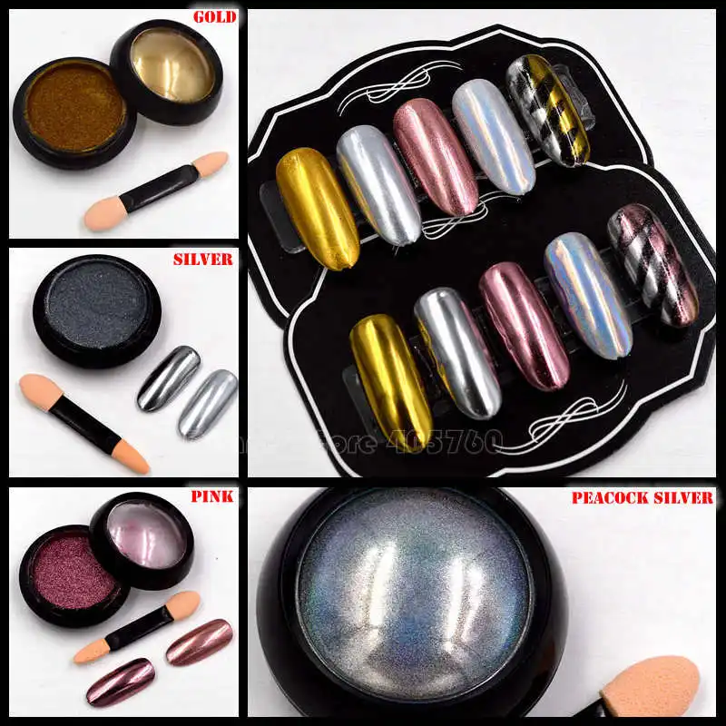 

1 Jar 4 Colors Rose Gold Pink Peacock Silver Magic Mirror Easy Apply Glitter Powder Nail Art Decoration DIY Salon Tip Quick USE
