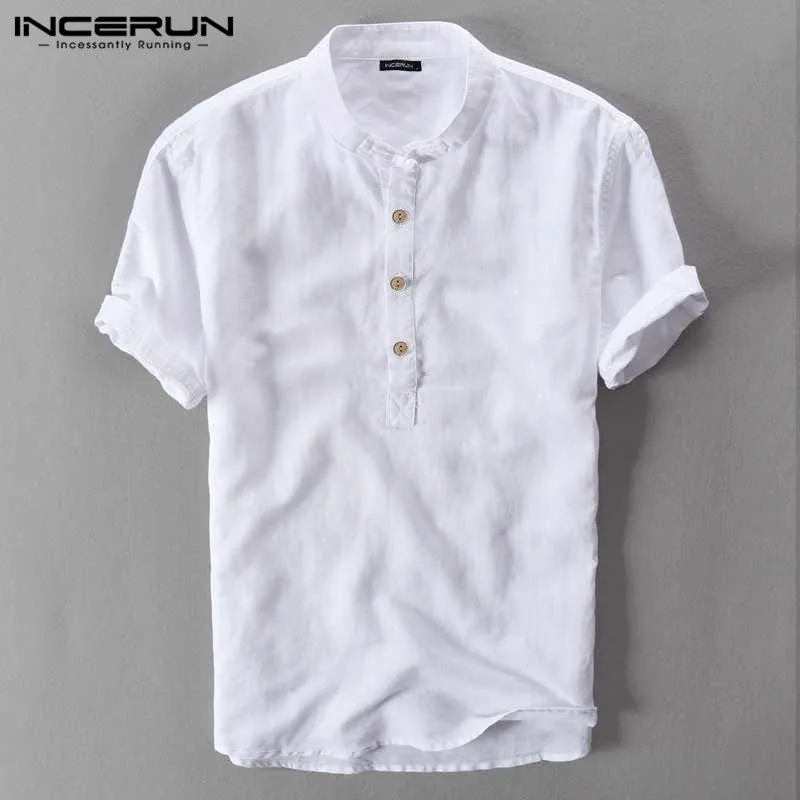 INCERUN Простая мужская рубашка с воротником-стойкой с коротким рукавом, хлопковая винтажная блузка уличная шикарная брендовая рубашка мужская рубашка Харадзюку