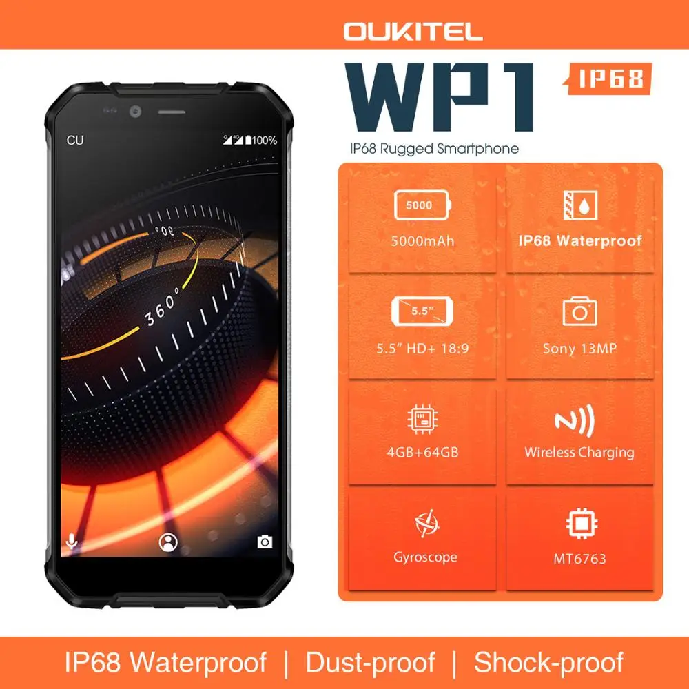 

Oukitel Wp1 4gb 64gb Cell Phone Android 8.1 5.5" 18:9 5000mah Mtk6763 Octa Core Wireless Charging Tri-proof Smartphone