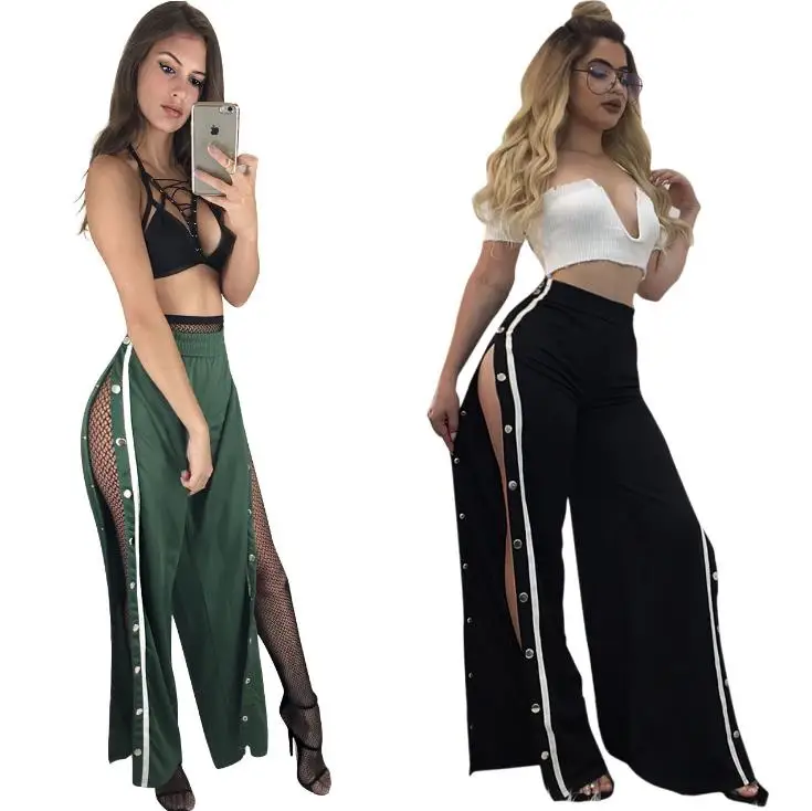 

BKLD Rivet Beading Wide Leg Pants 2017 Sexy High Slit Side Women Trousers Button Decoration High Waist Women Fashion Pants S-2XL