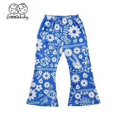 2018 детская одежда Дети маленьких Обувь для девочек с цветочным принтом Flare Мотобрюки Обувь для девочек синие длинные Брюки для девочек