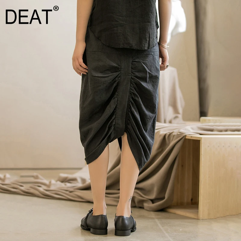 

[DEAT] 2019 New Spring Summer High Waist Black Black Loose Fold Pleated Irregular Half-body Skirt Women Fashion Tide JX61