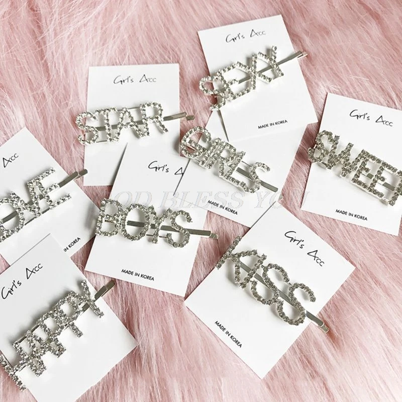 Sweet Girls Korean Style Capital Alphabet Funny Letters Hairpins Glitter Rhinestone Embellishment Side Straight Hair Clips Women