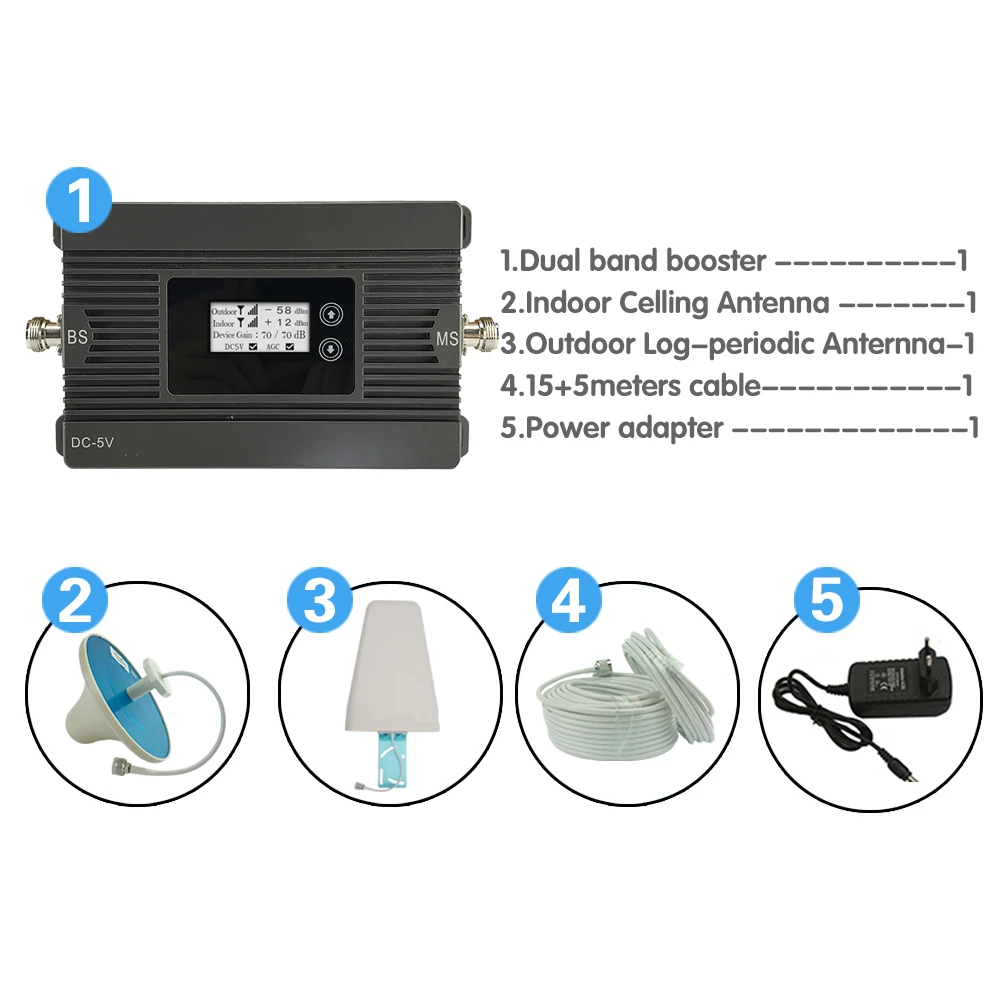 Walokcon 4G LTE 800 MHz Cellular Signal Repeater 80dB Gain LCD