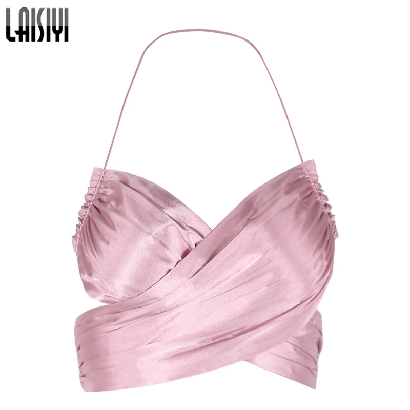 

LAISIYI 2019 Summer Halter Camis Solid Cross V Neck Pink Vests Sleevelss Tank Crop Top Hollow Out Backless Short Top ASVE20594