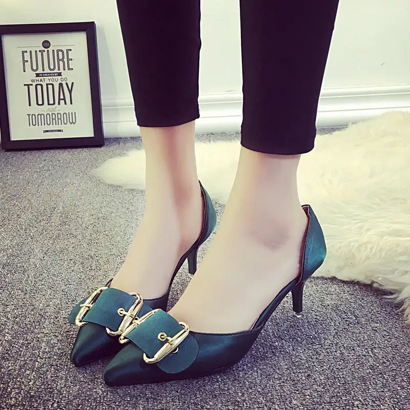 

High Heels Pump Shoes Women Office & Career Ladies Dress Sapatos Femme Black Grey Green Buckle Belt Zapatos Muejr Shallow Mouth