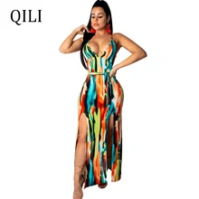 QILI Graffiti Print Double Slit Long Dress Spaghetti Strap Empire Waist Women Summer Backless Maxi Dresses Sexy High Split Dress QILI Graffiti Print Double Slit Long Dress Spaghetti Strap Empire Waist Women Summer Backless Maxi Dresses Sexy High Split Dress