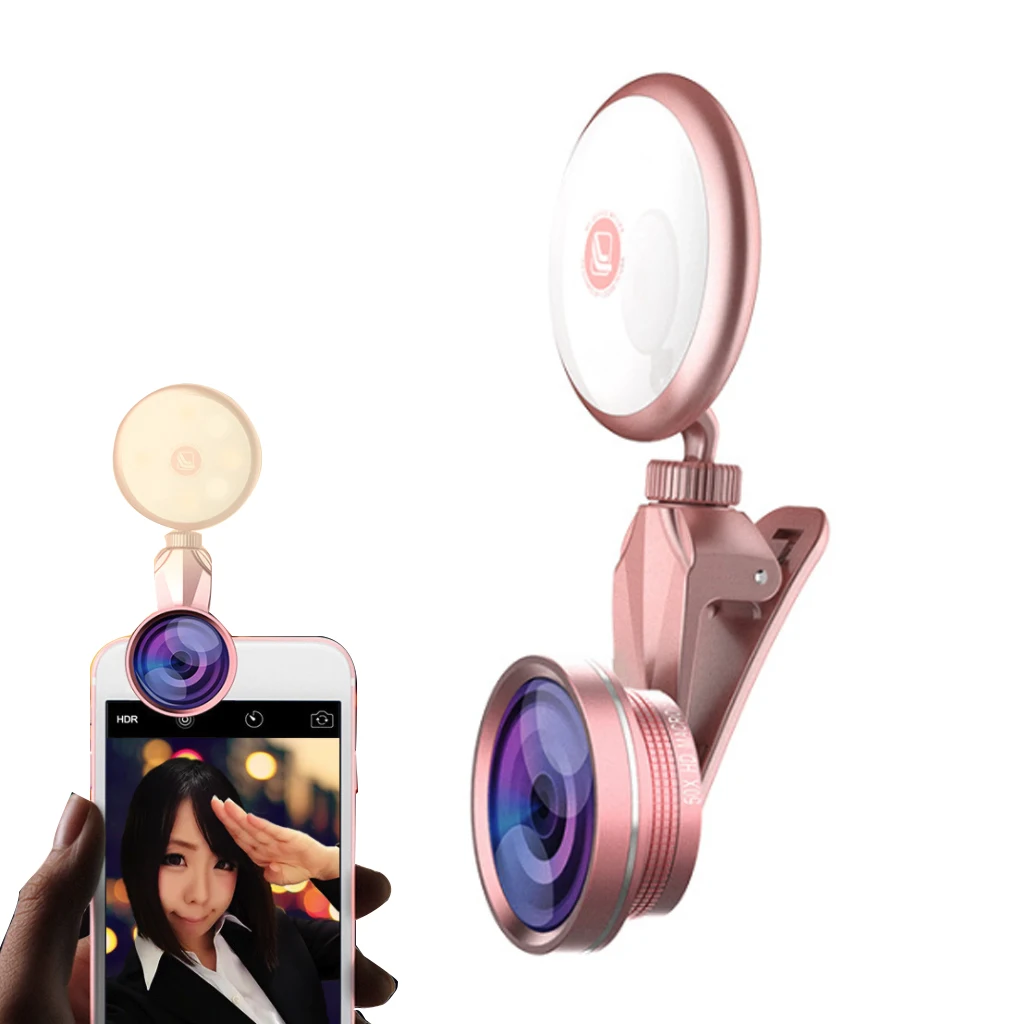 

RK19S LED Selfie Ring Light Fill Light with Macro Fisheye Wide Angle Lens for iPhone iPad Sumsung Galaxy Photography Phones